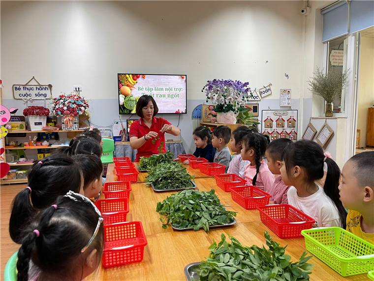 A group of children sitting at a table with baskets of vegetables
Description automatically generated