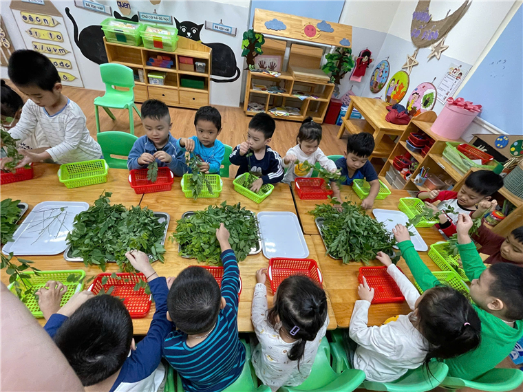 A group of children sitting at a table with green containers of vegetables
Description automatically generated