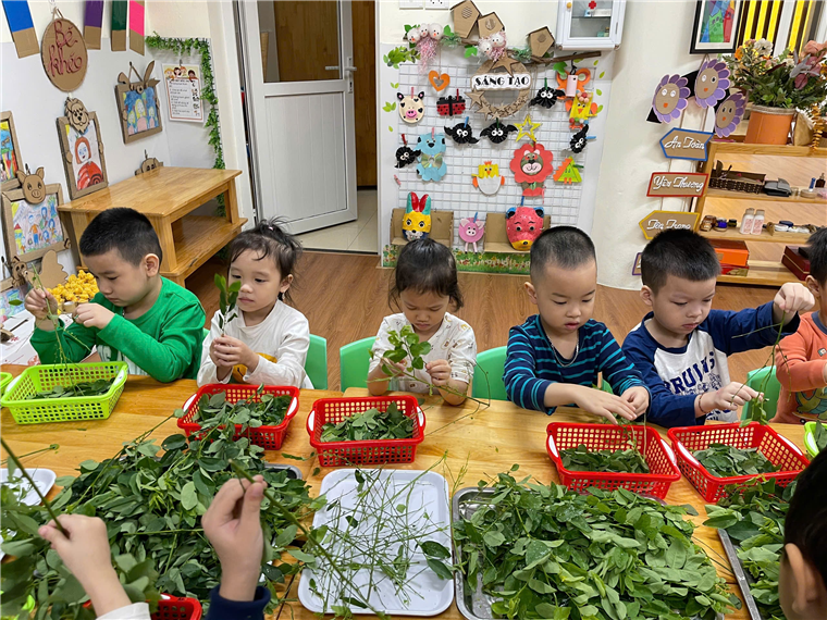 A group of children sitting at a table with green plants
Description automatically generated